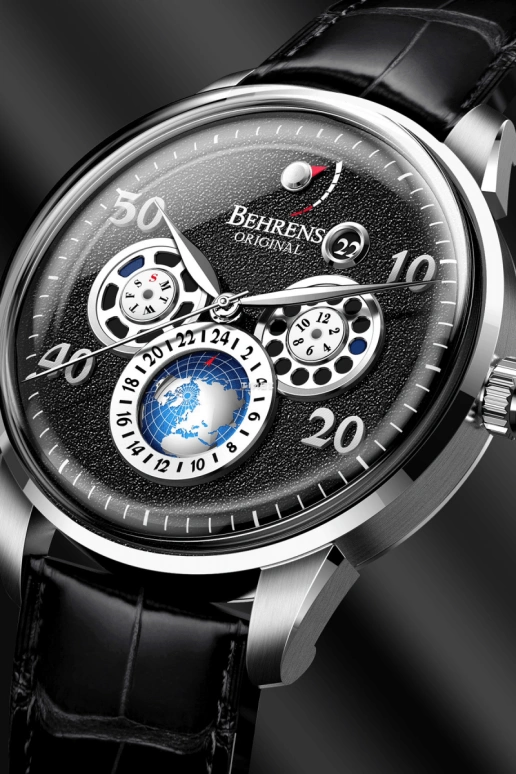 Behrens,Original 42mm,42mm,Stainless Steel,Stainless Steel,Black,Automatic,Month,Date,Day,Power Reserve Indicator,Sapphire,Round,BHR005,BHR005-01