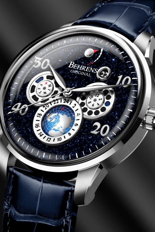 Behrens,Original 42mm,42mm,Stainless Steel,Stainless Steel,Blue,Automatic,Month,Date,Day,Power Reserve Indicator,Sapphire,Round,BHR005