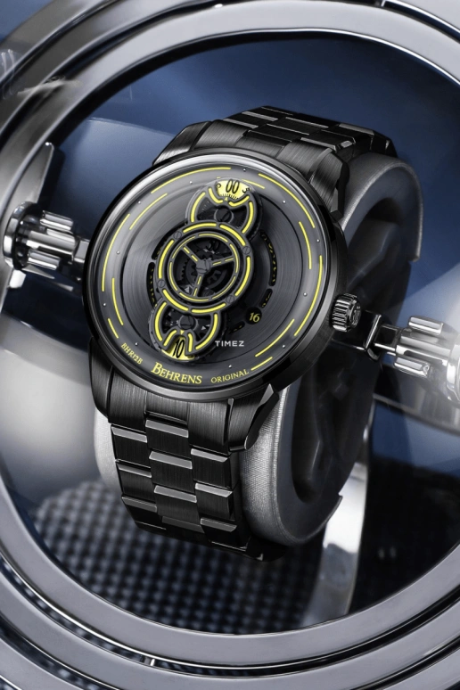 Behrens,Original 42mm,42mm,Stainless Steel,Black,Yellow,Automatic,Day,Sapphire,BHR012B,BHR012B-W