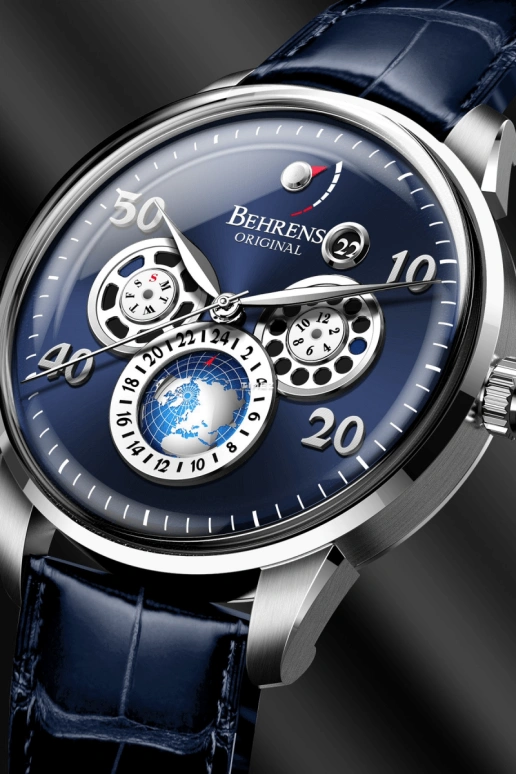 Behrens,Original 42mm,42mm,Stainless Steel,Stainless Steel,Blue,Automatic,Month,Date,Day,Power Reserve Indicator,Sapphire,Round,BHR005,BHR005-02