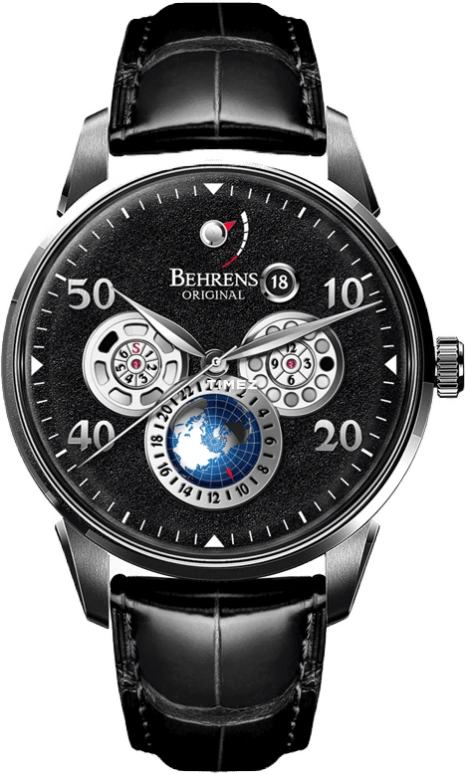Behrens,Original 42mm,42mm,Stainless Steel,Black,Automatic,Day,Power Reserve Indicator,BHR005BLK01