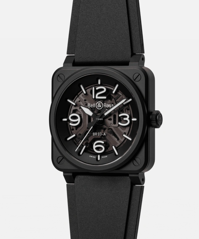 Bell & Ross,BR-03 Auto 41mm,41mm,Ceramic,Transparent,Black,Automatic,54hours,In-house Caliber,BR03A,BR03A-BL-SKCE/SRB