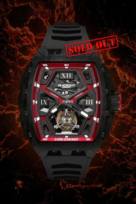 Blackout Concept,XP1 44x52mm,44x52mm,Forged Carbon,Black,Red,Skeleton,Handwound,Tourbillon,Sapphire,Tourbillon-Volcano