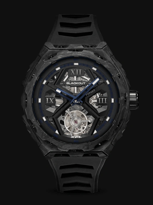Blackout Concept,XPE 42.50mm,42.50mm,Forged Carbon,Black,Automatic,Tourbillon,Sapphire,Crystal Glass,XPE Tourbillon Blue