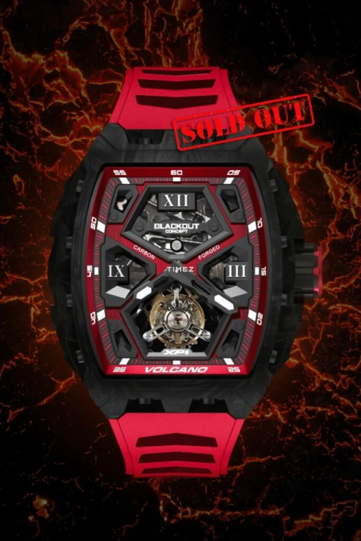 Blackout Concept,XP1 44x52mm,44x52mm,Forged Carbon,Black,Red,Skeleton,Handwound,Tourbillon,Sapphire,Tourbillon-Volcano