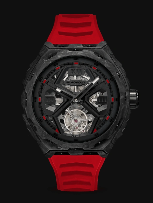 Blackout Concept,XPE 42.50mm,42.50mm,Forged Carbon,Black,Automatic,Tourbillon,Sapphire,Crystal Glass,XPE Tourbillon Black Red