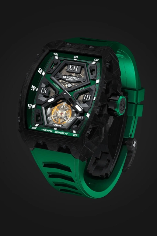 Blackout Concept,XP1 44x52mm,44x52mm,Forged Carbon,Green,Black,Skeleton,Handwound,Tourbillon,Sapphire,Crystal Glass,Tourbillon-Royal Green