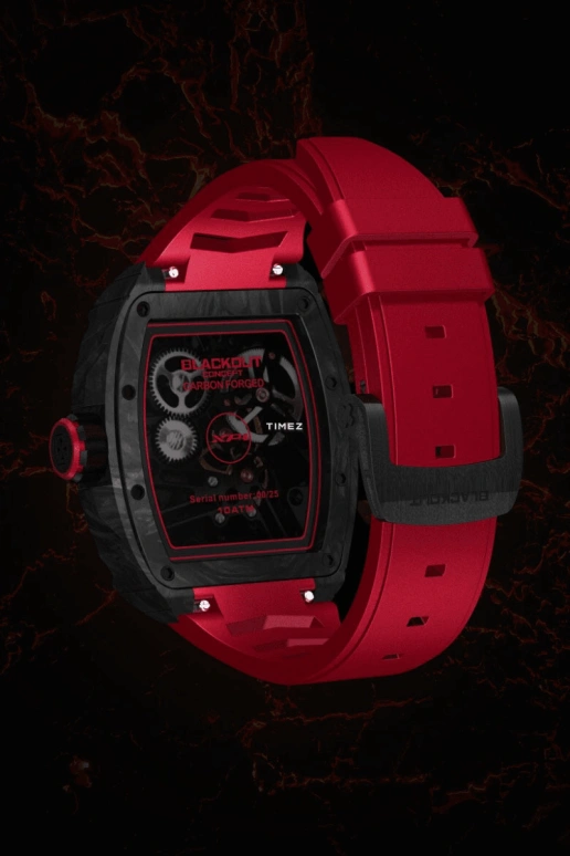 Blackout Concept,XP1 44x52mm,44x52mm,Forged Carbon,Black,Red,Skeleton,Handwound,Tourbillon,Sapphire,Tourbillon-Volcano