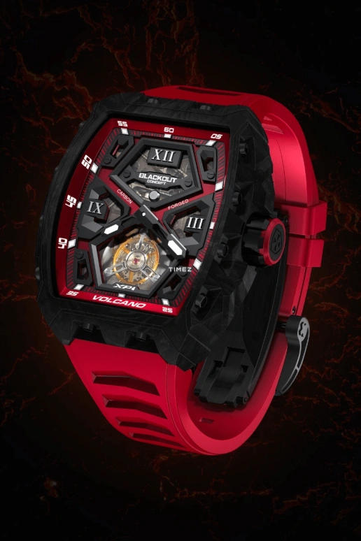 Blackout Concept,XP1 44x52mm,44x52mm,Forged Carbon,Black,Red,Skeleton,Handwound,Tourbillon,Sapphire,Tourbillon-Volcano