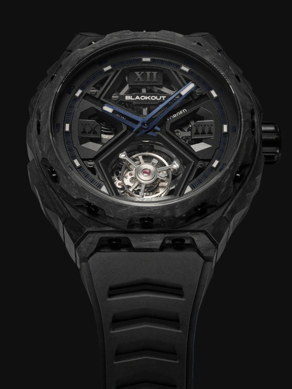 Blackout Concept,XPE 42.50mm,42.50mm,Forged Carbon,Black,Automatic,Tourbillon,Sapphire,Crystal Glass,XPE Tourbillon Blue
