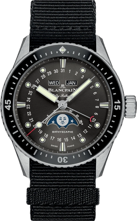 Blancpain,Fifty Fathoms 43mm,43mm,Stainless Steel,Grey,Automatic,Moonphase,Month,Date,Day,72hours,In-house Caliber,5054,5054-1110-NABA