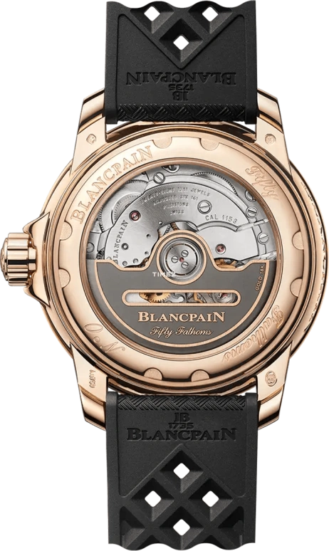 Blancpain,Fifty Fathoms 38.20mm,38.20mm,Red Gold,Sapphire,White,Automatic,100hours,In-house Caliber,5007,5007-3644A-B64B