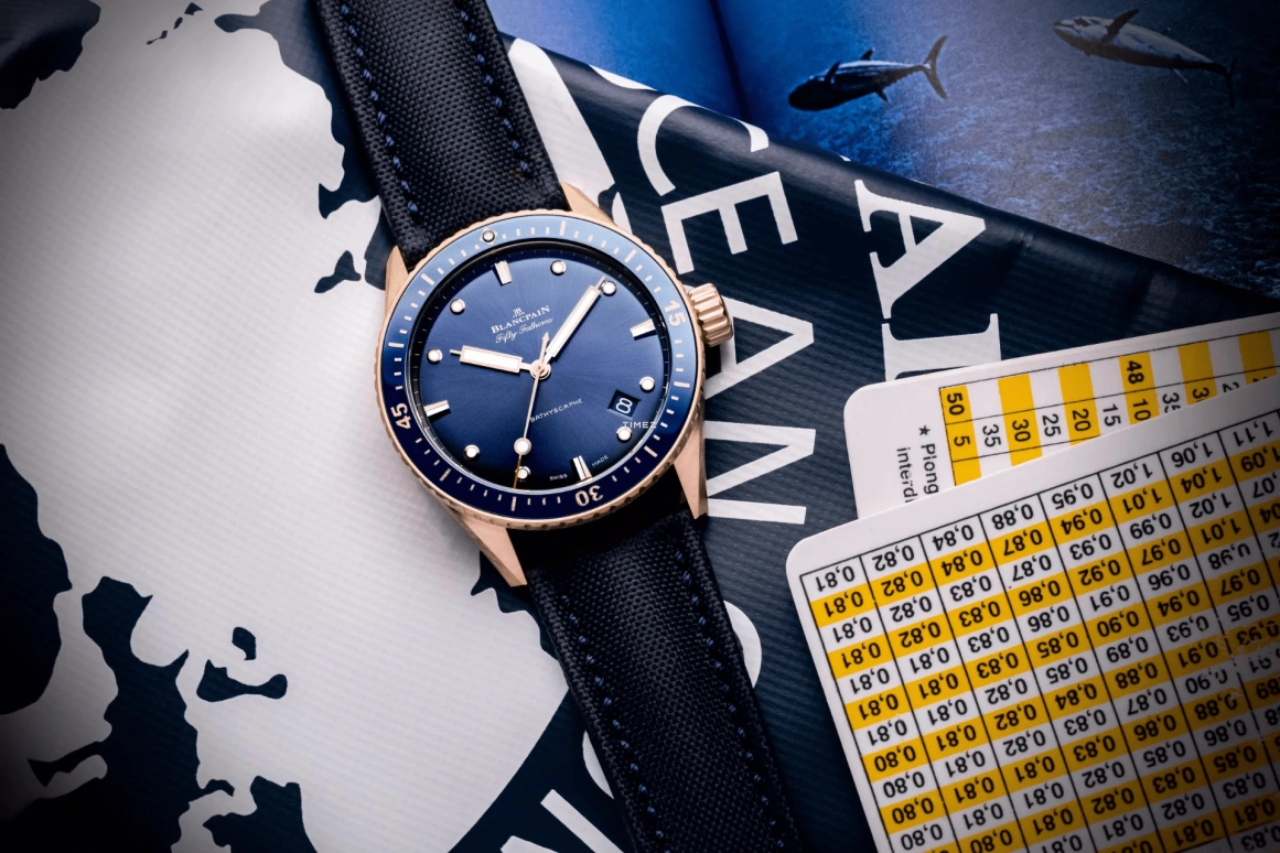 Blancpain,Fifty Fathoms 43mm,43mm,Sedna Gold,Blue,Gradient,Automatic,Day,120hours,5000,5000-36S40-O52B