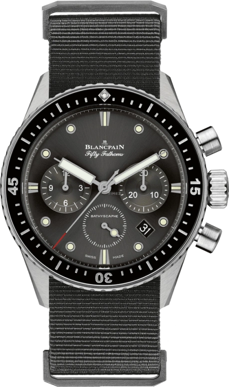 Blancpain,Fifty Fathoms 43mm,43mm,Stainless Steel,Grey,Automatic,Chronograph,Date,Flyback,Column Wheel,50hours,In-house Caliber,5200,5200-1110-NABA
