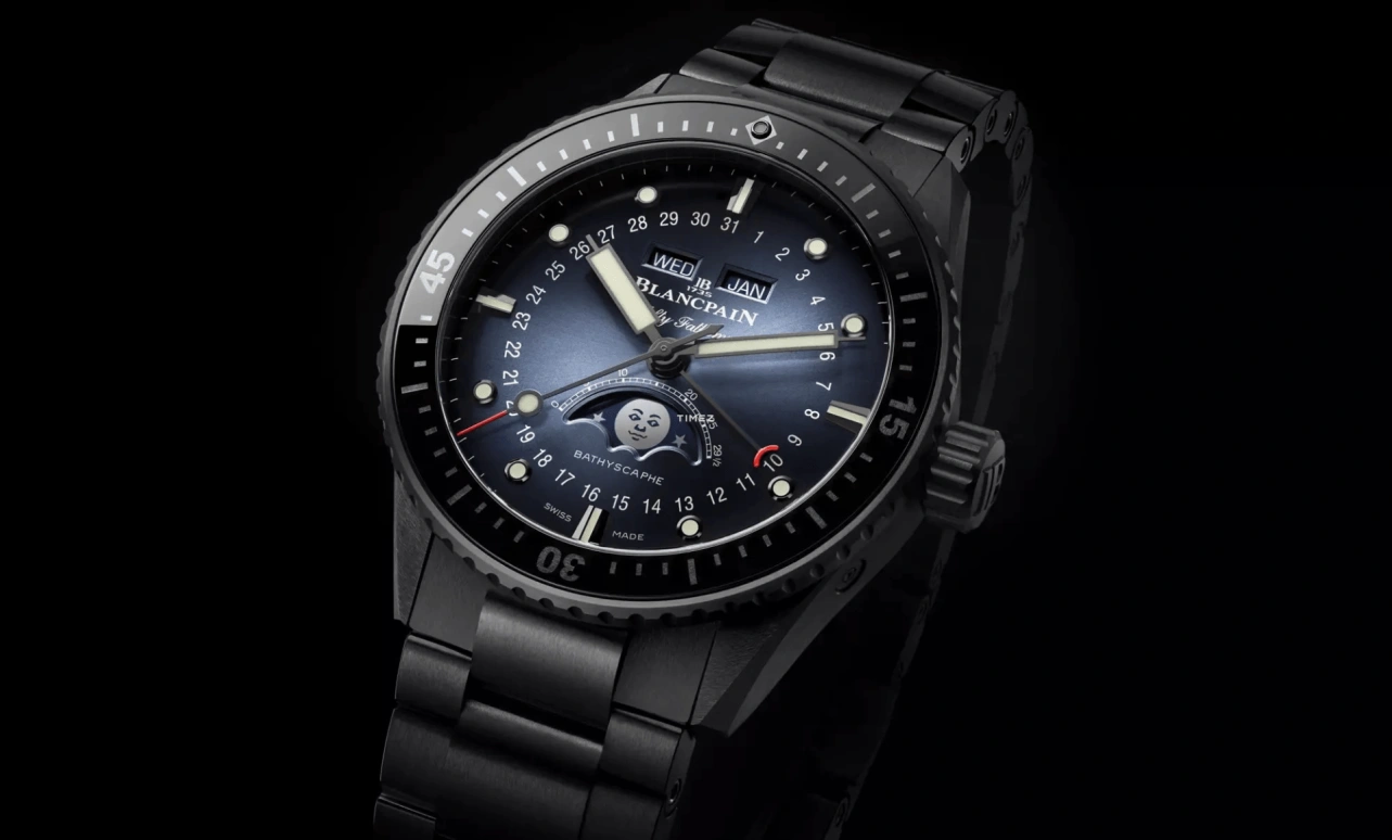 Blancpain,Fifty Fathoms 43.60mm,43.60mm,Ceramic,Blue,Automatic,Moonphase,Month,Date,Day,In-house Caliber,Sapphire,Crystal Glass,5054 0140 01S