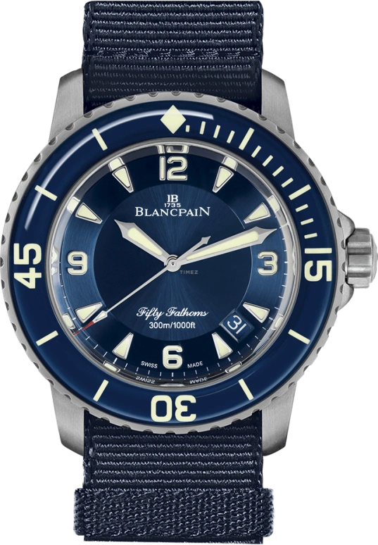 Blancpain,Fifty Fathoms 45mm,45mm,Titanium,Blue,Automatic,Day,Anti-magnetic,5015,5015-12B40-NAOA