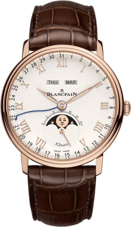 Blancpain,Villeret 42mm,42mm,Red Gold,White,Automatic,Moonphase,Month,Date,Day,192hours,In-house Caliber,6639,6639-3642-55B
