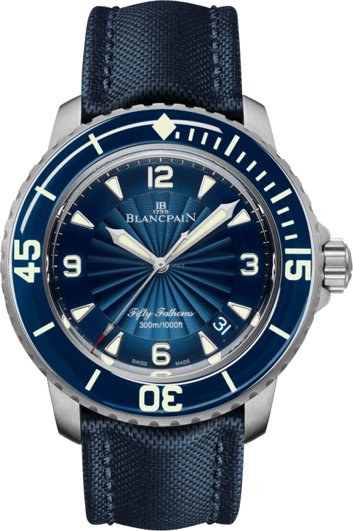 Blancpain,Fifty Fathoms 45mm,45mm,Stainless Steel,Blue,Automatic,Day,Anti-magnetic,5015D,5015D-1140-52B
