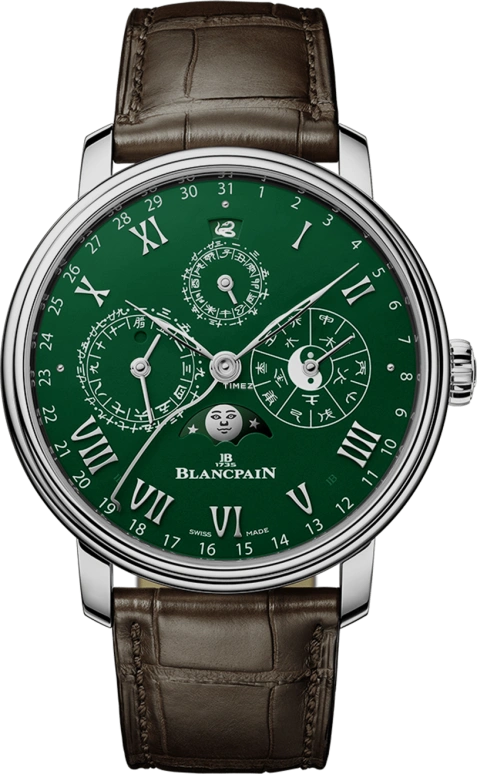 Blancpain,Villeret 45.20mm,45.20mm,Platinum,Green,Automatic,Moonphase,Perpetual Calendar,Leap Year,Month,168hours,In-house Caliber,0888 3432C 55B