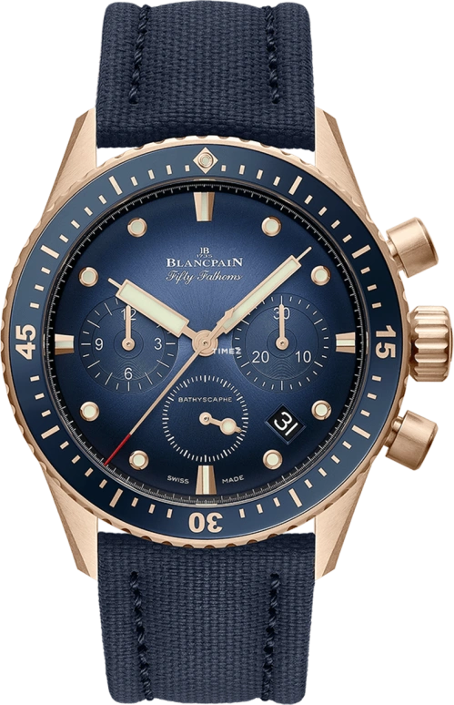 Blancpain,Fifty Fathoms 43mm,43mm,Red Gold,Blue,Automatic,50hours,In-house Caliber,5200,5200-3640-O52B