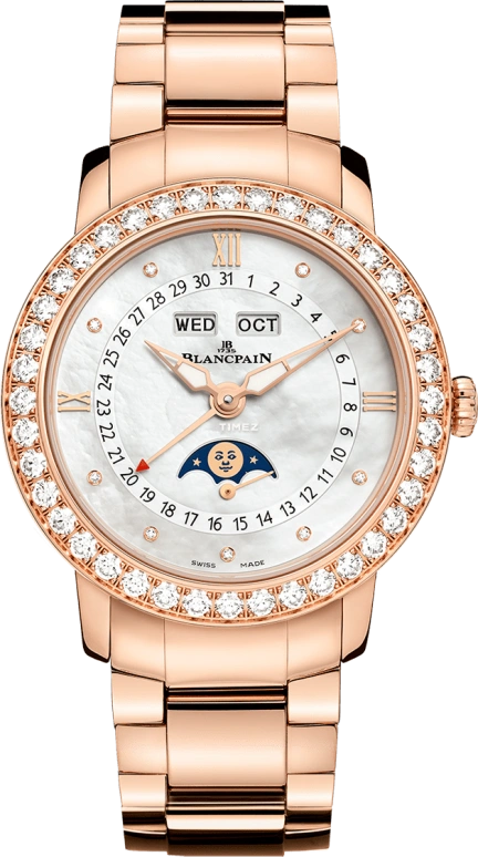 Blancpain,Ladybird 35mm,35mm,Red Gold,White,Automatic,Moonphase,Month,Date,Day,100hours,In-house Caliber,3663 2954 76B