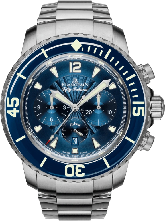 Blancpain,Fifty Fathoms 45mm,45mm,Stainless Steel,Blue,Automatic,Chronograph,Date,Flyback,Anti-magnetic,50hours,In-house Caliber,5085FB,5085FB-1140-71B