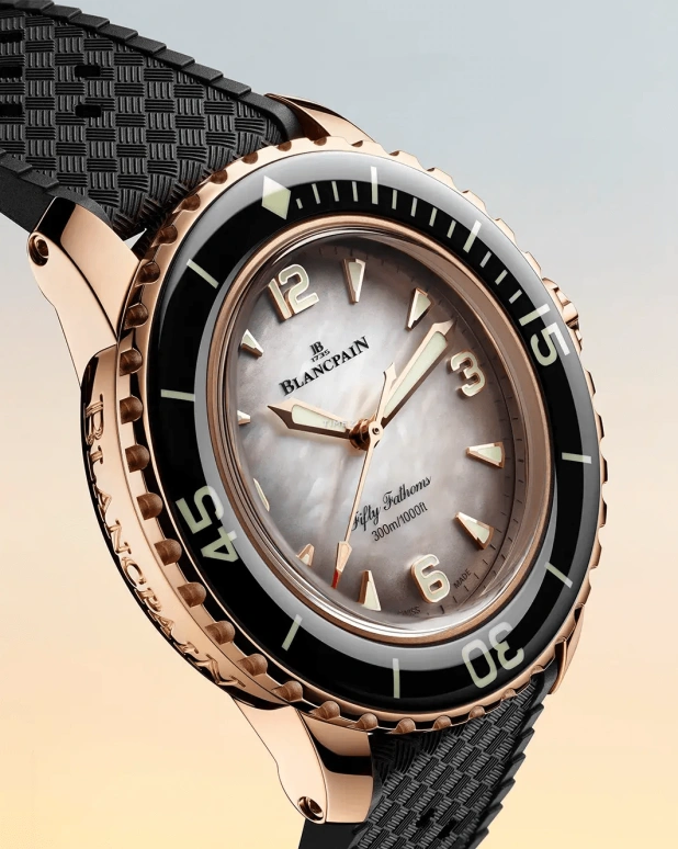 Blancpain,Fifty Fathoms 38.20mm,38.20mm,Red Gold,Sapphire,White,Automatic,100hours,In-house Caliber,5007,5007-3644A-B64B