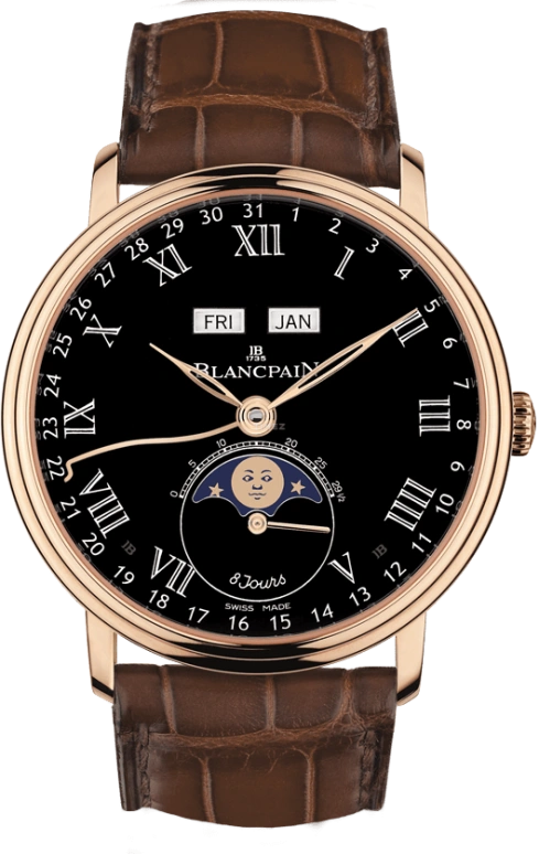 Blancpain,Villeret 42mm,42mm,Red Gold,Black,Automatic,Moonphase,Month,Date,Day,192hours,In-house Caliber,6639,6639-3637-55B