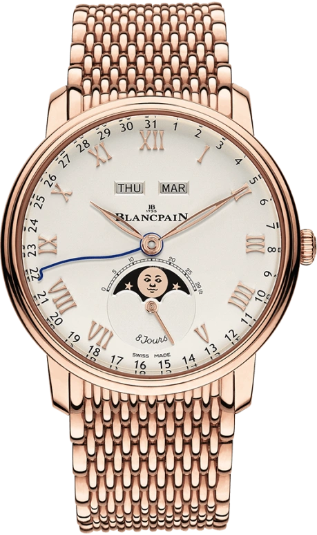 Blancpain,Villeret 42mm,42mm,Red Gold,White,Automatic,Moonphase,Month,Date,Day,192hours,In-house Caliber,6639,6639-3642-MMB