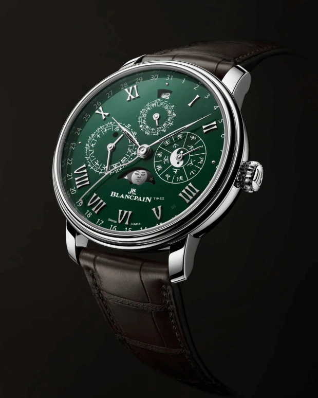 Blancpain,Villeret 45.20mm,45.20mm,Platinum,Green,Automatic,Moonphase,Perpetual Calendar,Leap Year,Month,168hours,In-house Caliber,0888 3432C 55B