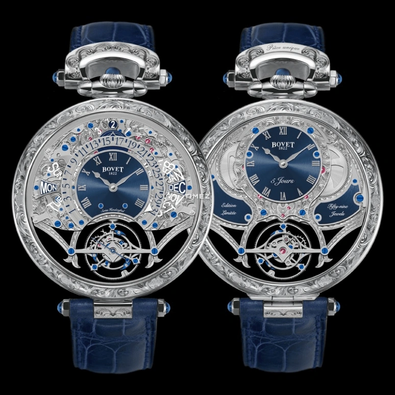 Bovet,Fleurier 46mm,46mm,White Gold,Skeleton,Blue,Handwound,Annual Calendar,Month,Day,Power Reserve Indicator,Sapphire,Crystal Glass,Round,AIQPR030,AIQPR030-G123467
