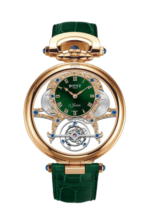 Bovet,Fleurier 44mm,44mm,Rose Gold,Skeleton,Green,Handwound,Power Reserve Indicator,Tourbillon,AIVI031