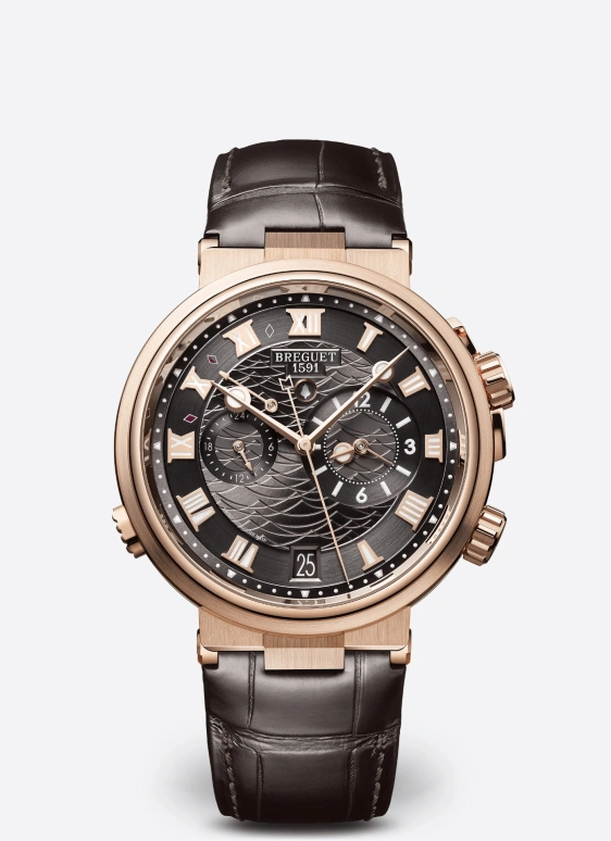 Breguet,Marine 40mm,40mm,Rose Gold,Grey,Automatic,Chronograph,Day,Power Reserve Indicator,Alarm,45hours,In-house Caliber,5547BR,5547BR/G3/9ZU