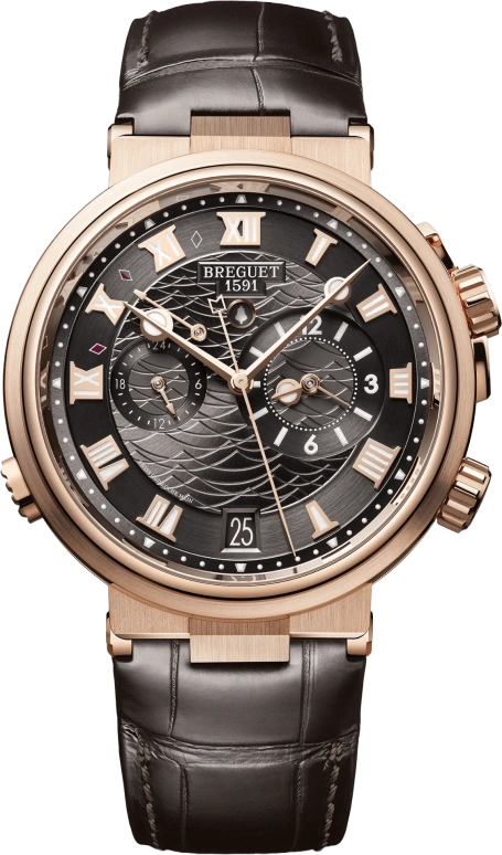 Breguet,Marine 40mm,40mm,Rose Gold,Grey,Automatic,Chronograph,Day,Power Reserve Indicator,Alarm,45hours,In-house Caliber,5547BR,5547BR/G3/9ZU