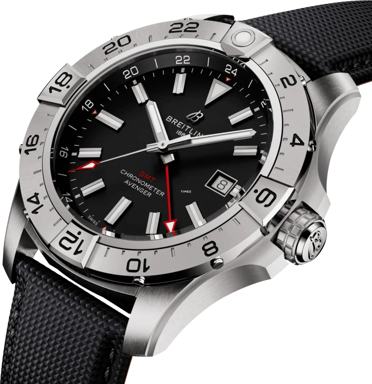 Breitling,Avenger 44mm,44mm,Stainless Steel,Black,Automatic,Day,Dule Time,GMT,A32320101B1X1