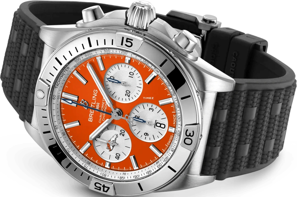 Breitling,Chronomat 42mm,42mm,Stainless Steel,Orange Red,Silver,Automatic,Chronograph,Day,AB01342B1O2S1