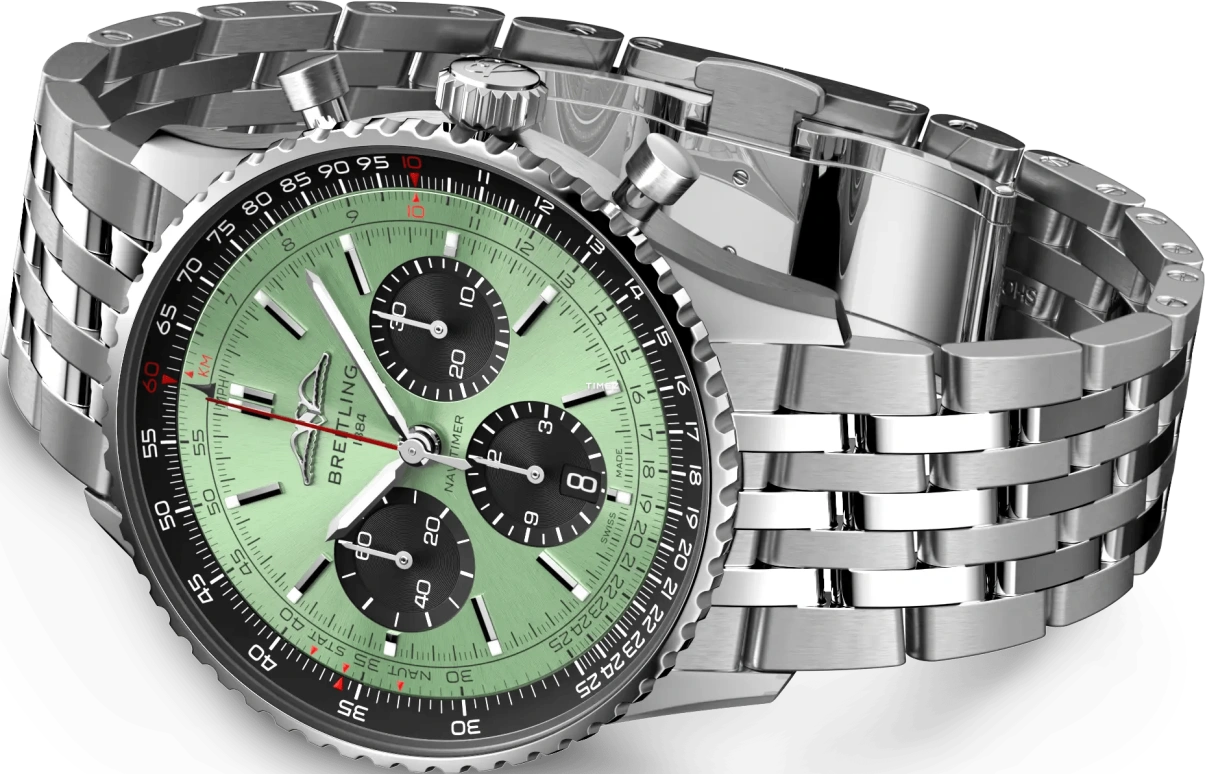 Breitling,Navitimer 43mm,43mm,Stainless Steel,Green,Automatic,Chronograph,Day,AB0138241L1A1