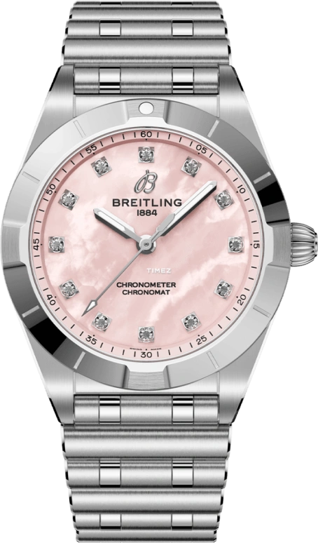 Breitling,Chronomat 28mm,28mm,Stainless Steel,Pink,Quartz,In-house Caliber,Sapphire,Crystal Glass,A72310101K1A1