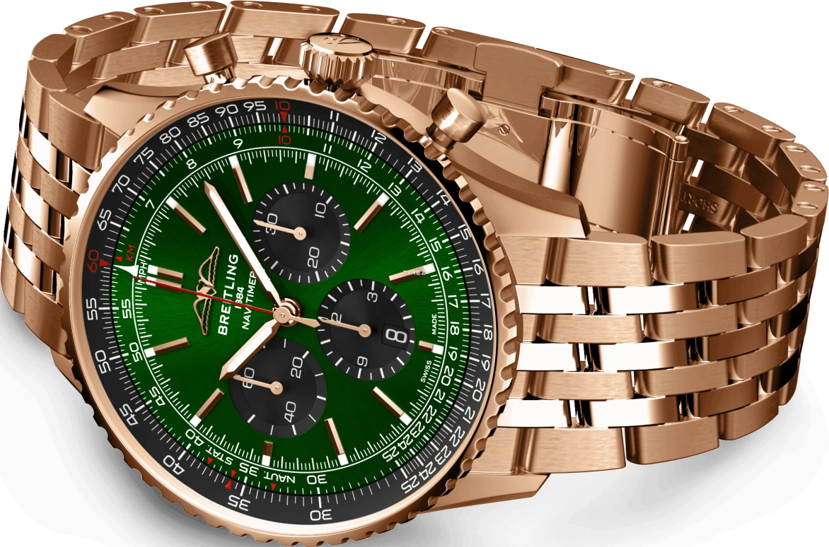 Breitling,Navitimer 46mm,46mm,Red Gold,Green,Automatic,Chronograph,Day,RB0137241L1R1