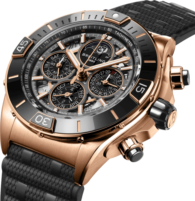 Breitling,Chronomat 44mm,44mm,Red Gold,Black,Skeleton,Automatic,Chronograph,Moonphase,Perpetual Calendar,Leap Year,96hours,In-house Caliber,RB19301A1G1S1