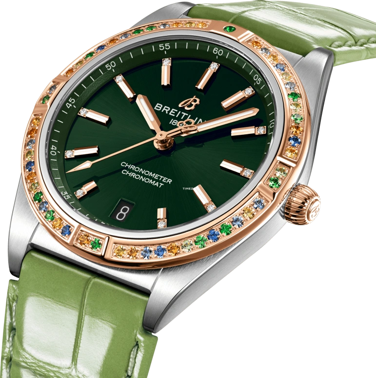 Breitling,Chrono-Matic 36mm,36mm,Stainless Steel,Red Gold,Green,Automatic,Day,Sapphire,Crystal Glass,U10380611L1P1