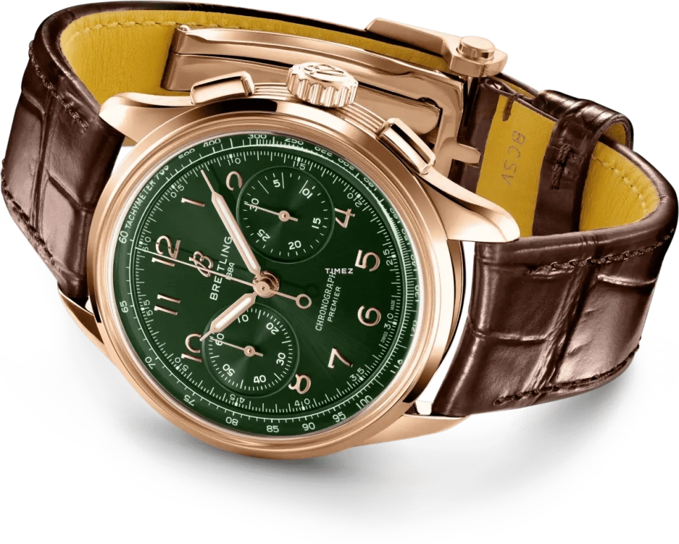 Breitling,Premier 40mm,40mm,Red Gold,Green,Handwound,Chronograph,70hours,RB0930361L1P1