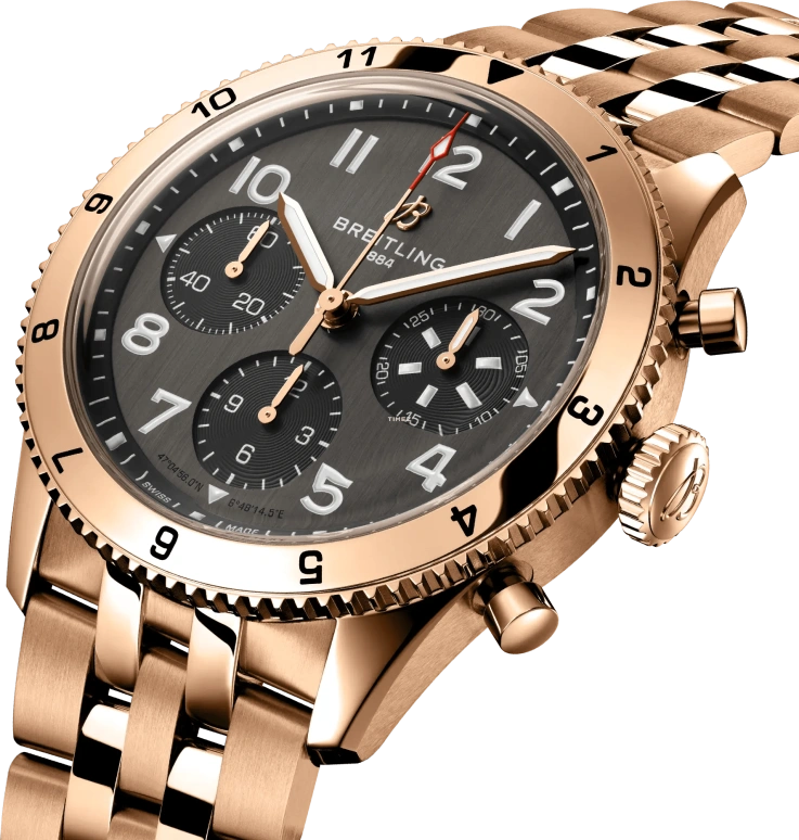 Breitling,Classic AVI 42mm,42mm,Red Gold,Grey,Automatic,Chronograph,42hours,R233801A1B1R1