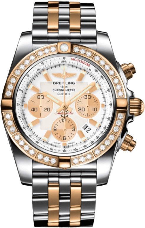 Breitling,Chronomat 44mm,44mm,Rose Gold,Stainless Steel,Silver,Automatic,Chronograph,Day,Column Wheel,CB011053,CB011053/A696/375C