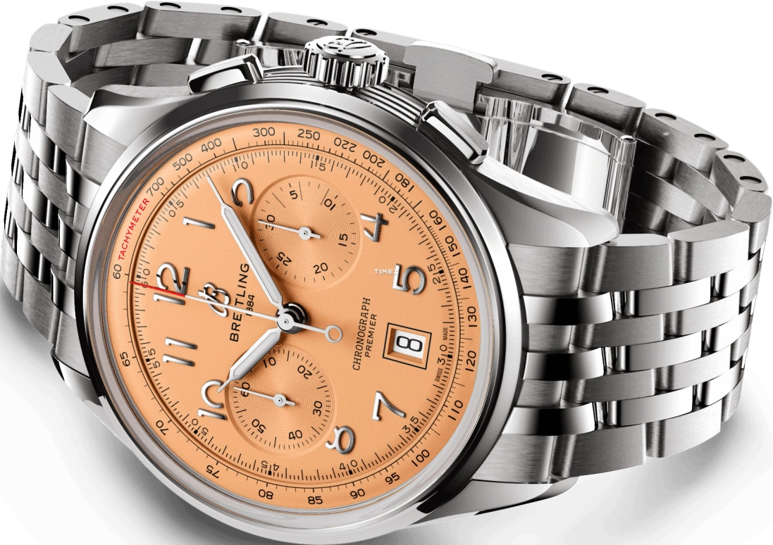 Breitling,Premier 42mm,42mm,Stainless Steel,Salmon,Automatic,Chronograph,Day,AB0145331K1A1