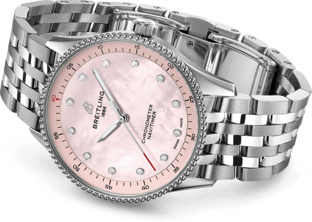Breitling,Navitimer 32mm,32mm,Stainless Steel,Pink,Quartz,Chronograph,Sapphire,Crystal Glass,A77320D91K1A1