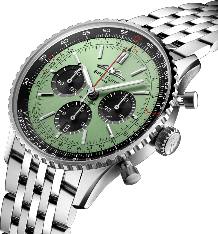 Breitling,Navitimer 43mm,43mm,Stainless Steel,Green,Automatic,Chronograph,Day,AB0138241L1A1