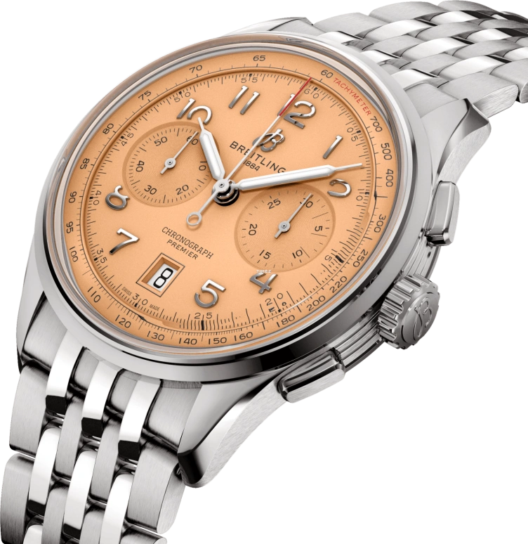 Breitling,Premier 42mm,42mm,Stainless Steel,Salmon,Automatic,Chronograph,Day,AB0145331K1A1