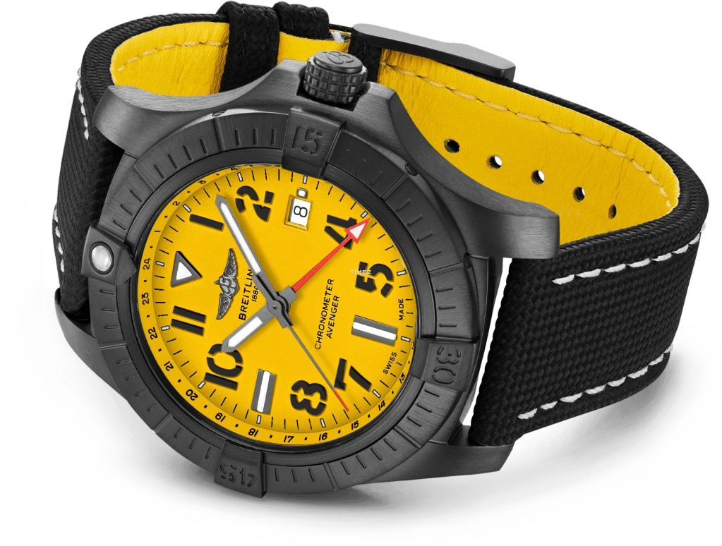 Breitling,Avenger 45mm,45mm,Titanium,Yellow,Automatic,Day,Dule Time,V323956A1I1X1