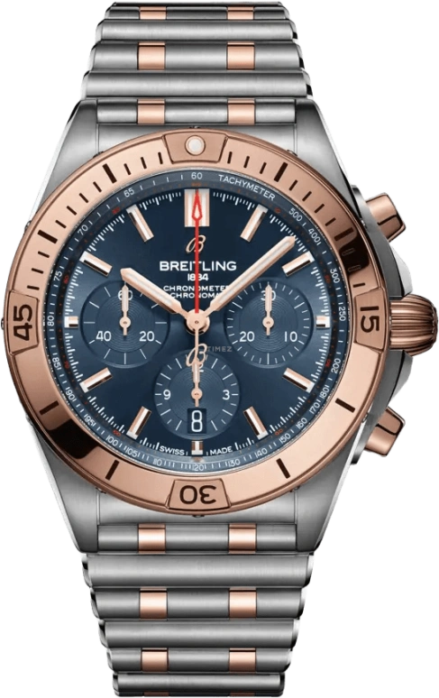 Breitling,Chronomat 42mm,42mm,Red Gold,Stainless Steel,Blue,Automatic,Chronograph,Day,Column Wheel,UB0134101C1U1